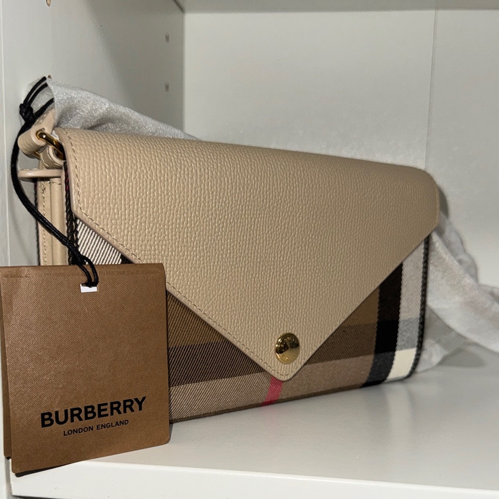 Burberry Beige Leather & Vintage Check Envelope Crossbody